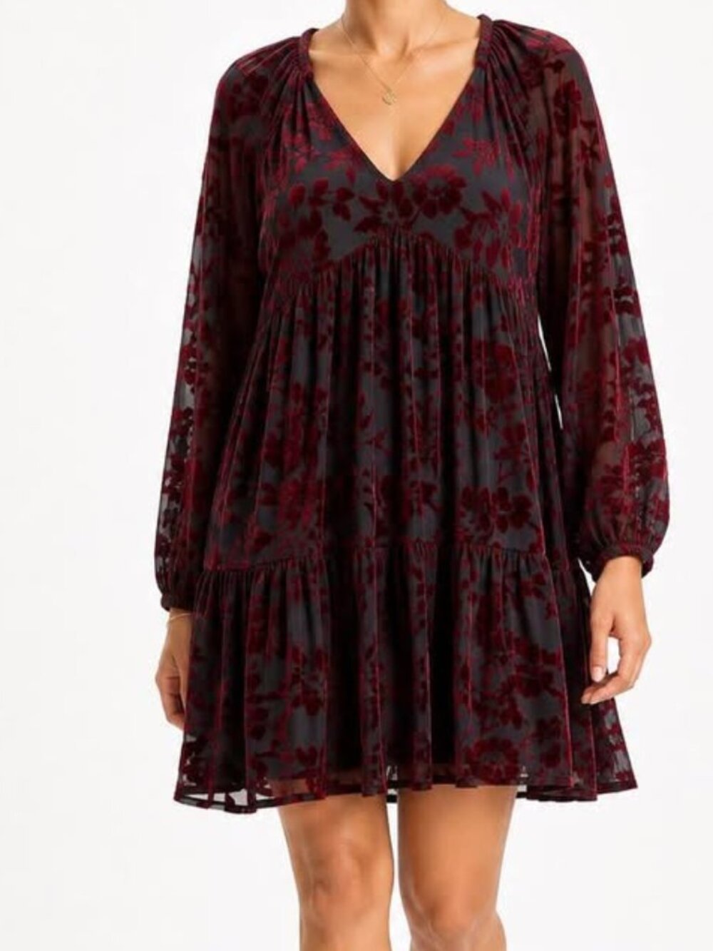 Taylor V-Neck Dark Red Velvet Burnout Whimsigoth Fairy Babydoll Dress [size 12]